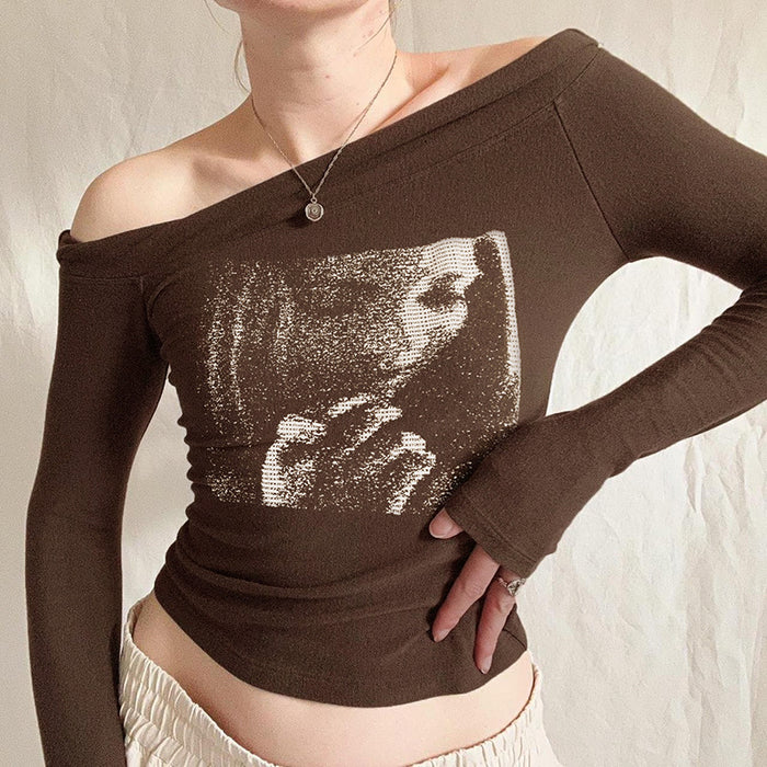 Portrait Graffiti Printing Long Sleeved T Shirt Women Off The Shoulder Pullover Oblique Off Neck Bottoming Top Autumn