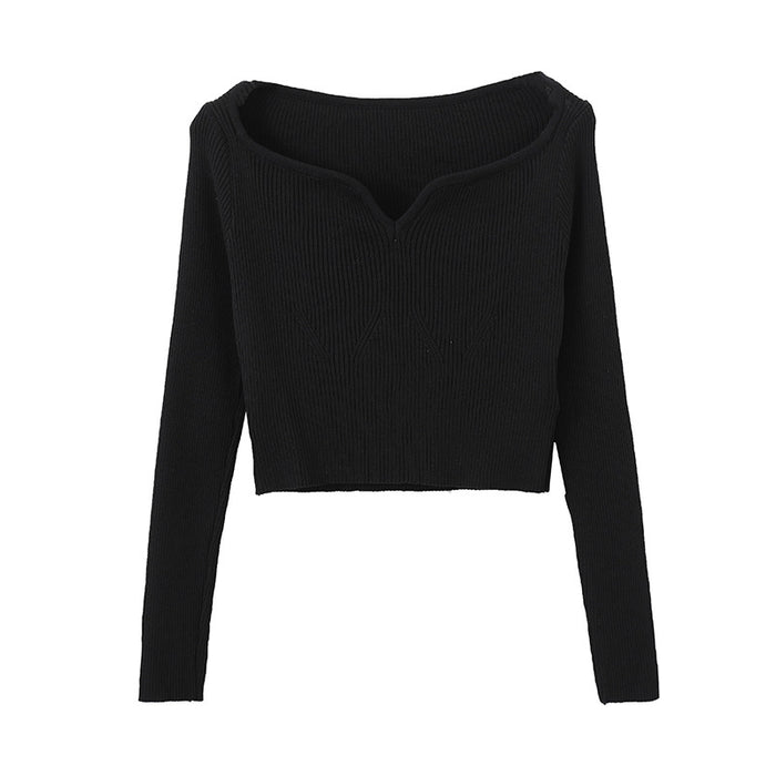 Petal Collar Short Sweater for Women Autumn Slim Fit Collarbone Bottoming Shirt