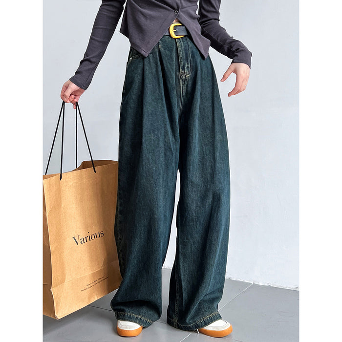 Retro Workwear Khaki Jeans Women  High Grade Casual Wide Leg Draggle Tail Trousers Trendy