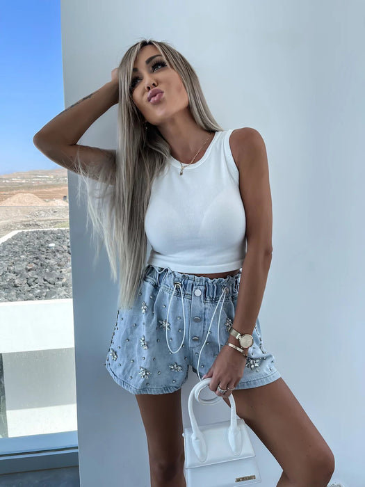 Summer Casual Heavy Industry Rhinestone All Matching Denim Shorts Women