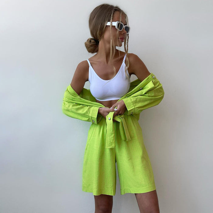 Spring Summer Two Piece Set Solid Color Single Breasted Long Sleeve Collared Shirt Shorts Loose Casual Set