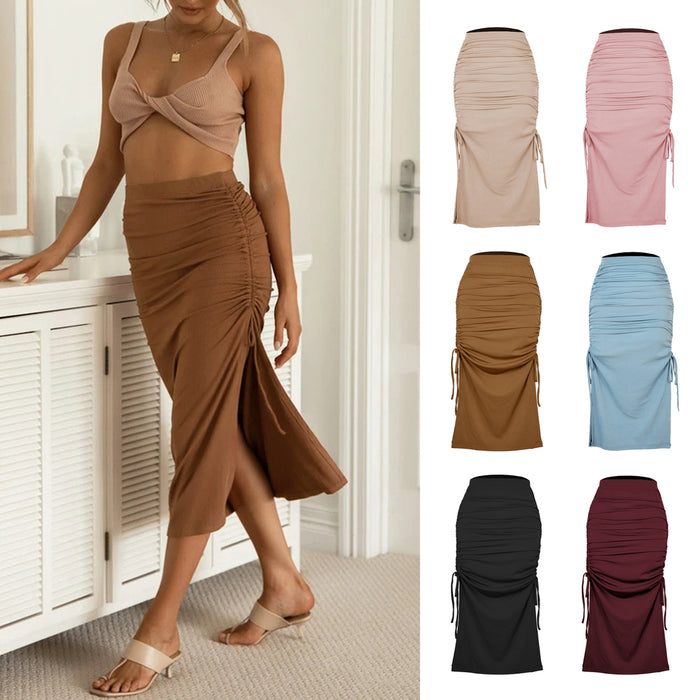 Slit Knitted Slim Skirt Pleated Tie Sexy Sheath  Women Clothing Skirt