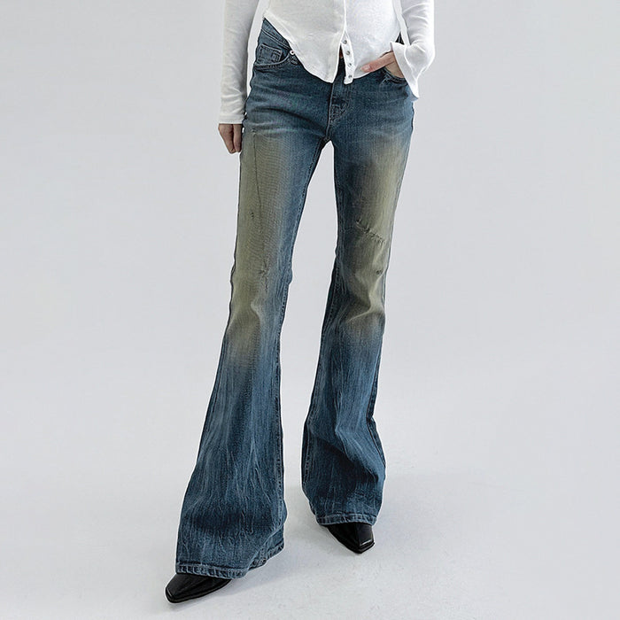 Street Stretch Slim Washed Blue Jeans Mid Waist Basic All Matching Sexy Slimming Bootcut Pants