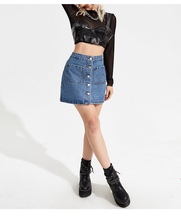 High Waist Slimming A- line Denim Skirt Women Retro High Waist Sexy Arm Covering Short Skirt Petite Dress