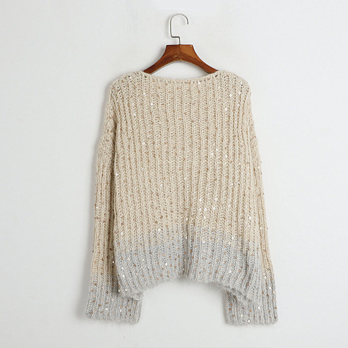 Off Neck Thickened Sweater Women Autumn Winter Casual Laid Back Bead Yarn Coat Top