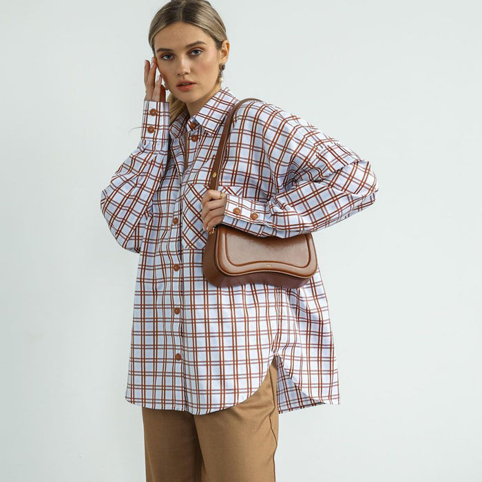 Women  Autumn Long Sleeve Plaid Shirt Retro All Matching Collared Loose Shirt