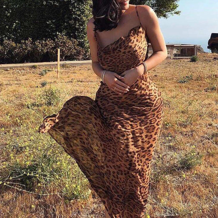 Sexy Women Wear Loose Leopard Print Maxi Dress Spring Summer Backless Strap Evening Dress Maxi