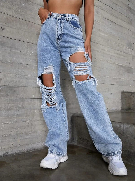 Jeans Quality High Waist Retro Blue Washed Ripped Straight Jeans Women Trend