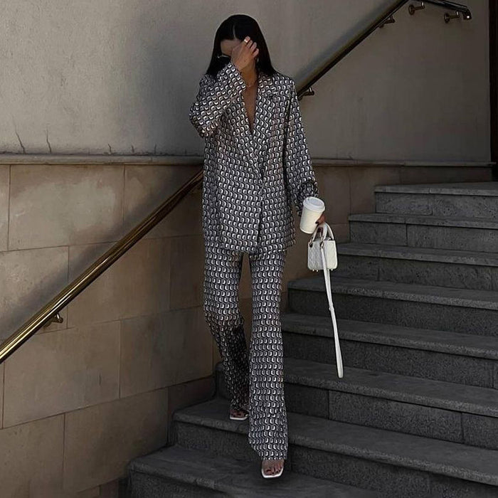 Early Autumn Women Clothing Long Sleeve Collared Bootleg Pants Printing Suit Matching Street