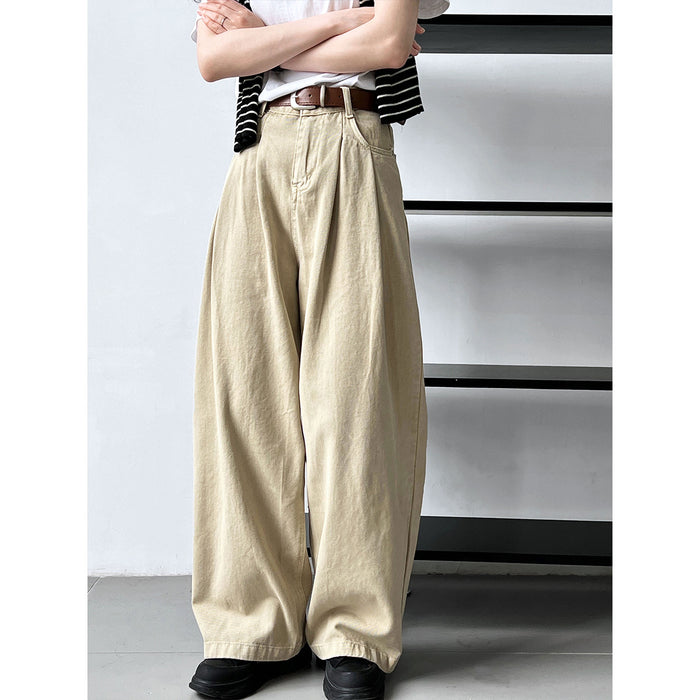 Retro Workwear Khaki Jeans Women  High Grade Casual Wide Leg Draggle Tail Trousers Trendy