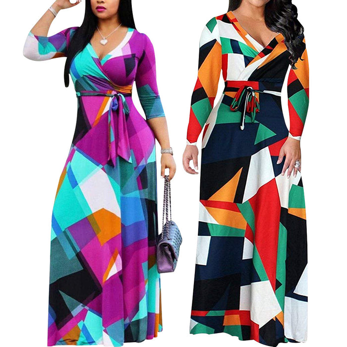 Casual Fashion Digital Printing Long Sleeve V-neck Women Dress