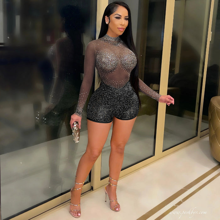 Sexy Round Neck Long Sleeve Nightclub Party Rhinestone See Through Jumpsuit