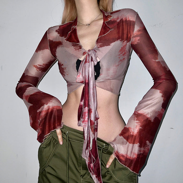 Spring Summer Niche Tie Dye Contrast Color Collar Hollow Out Cutout out Strap Skinny Short Long Sleeve Smock Top