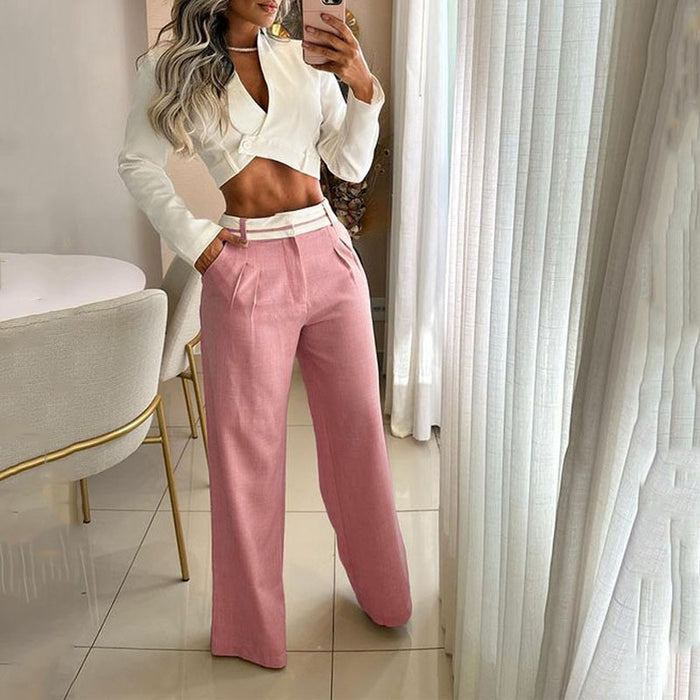 Ladies Suit Summer Casual Solid Color Loose Trousers Two Piece Set