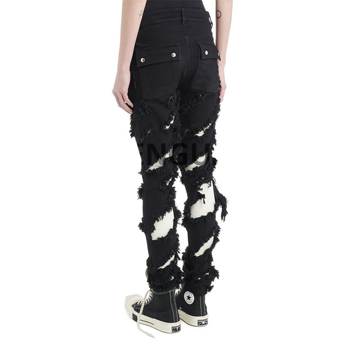 Dark Goth Jeans Double Layer Contrast Color Tearing Destroyed Edging Washed Tappered Pants