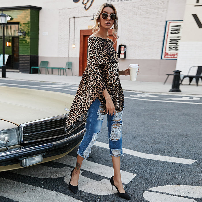 Spring Autumn Women Clothing Off Shoulder Strapless Sexy Loose Top Leopard Print T shirt Multi Wear