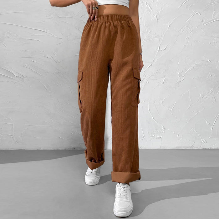 Autumn Winter Women Clothing Loose Elastic Waist Overalls Corduroy Wide Leg Straight Casual Trousers