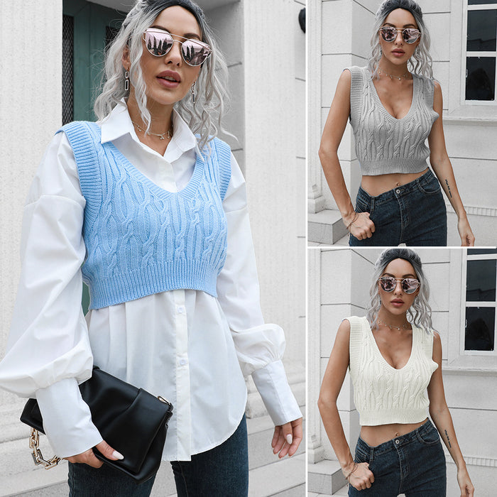 Twist V-neck Short Vest Sweater Women Short Vest Autumn Winter Outer Wear Inner Wear Knitwear Sweater