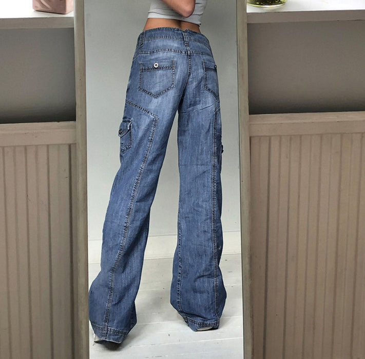 High Waist Slim Fit Two Button Tooling Multi Pocket Denim Trousers Women