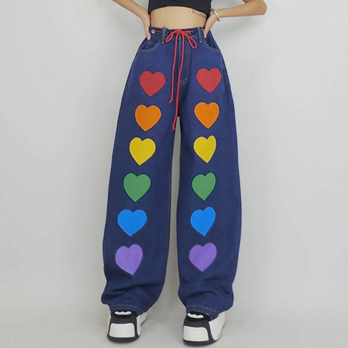 Station Rainbow Color Love Element Waist Tight Design Lace up Jeans Fashionable Loose Casual Straight Pants