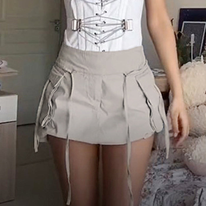 Summer Trendy Fresh Preppy Workwear Short Skirt Pocket Stitching Tied a-Line Skirt