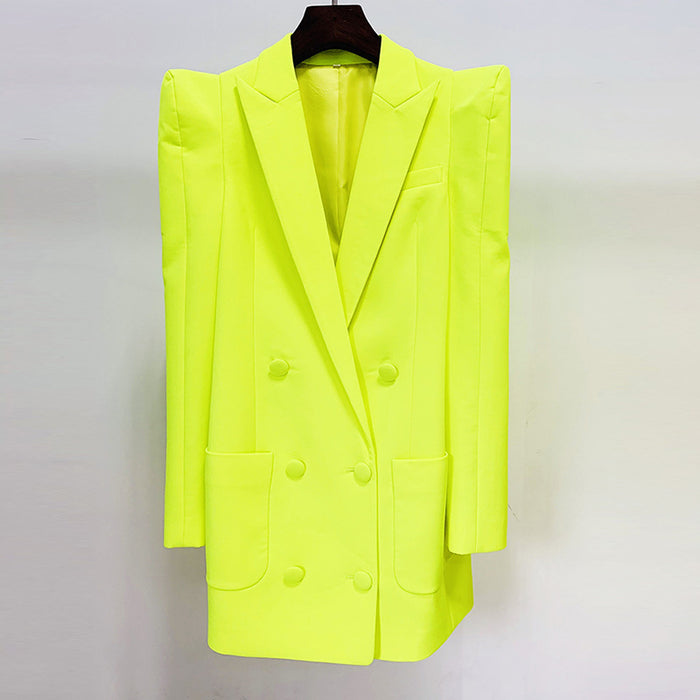 Cool Profile Shrug Double Breasted Mid Length Blazer Fluorescent Yellow Pant Sets