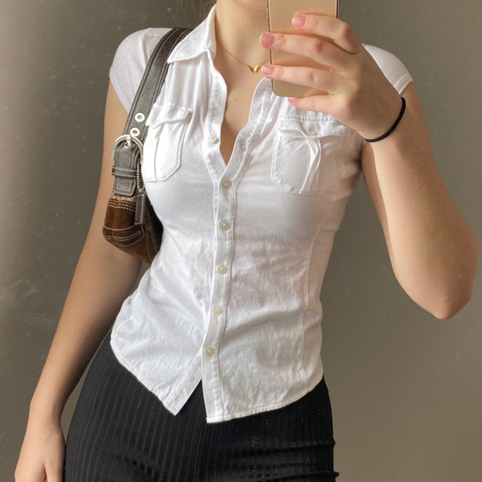 Solid Color Short Sleeve Shirt Women Niche Sexy Waist Tight Slimming Breasted Cardigan Collared Irregular Asymmetric Casual Top