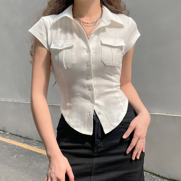 Solid Color Short Sleeve Shirt Women Niche Sexy Waist Tight Slimming Breasted Cardigan Collared Irregular Asymmetric Casual Top