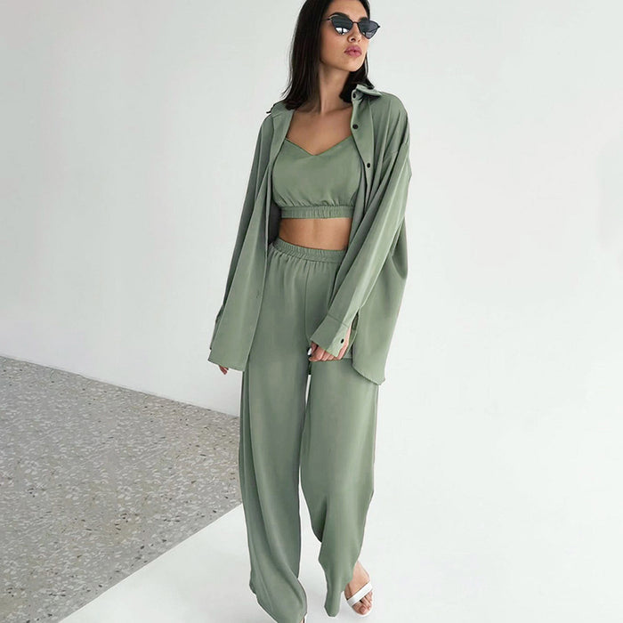 Autumn Suspender Underwear Collared Long Sleeved Shirt Trousers Three Piece Pajamas Women Section Solid Color Homewear