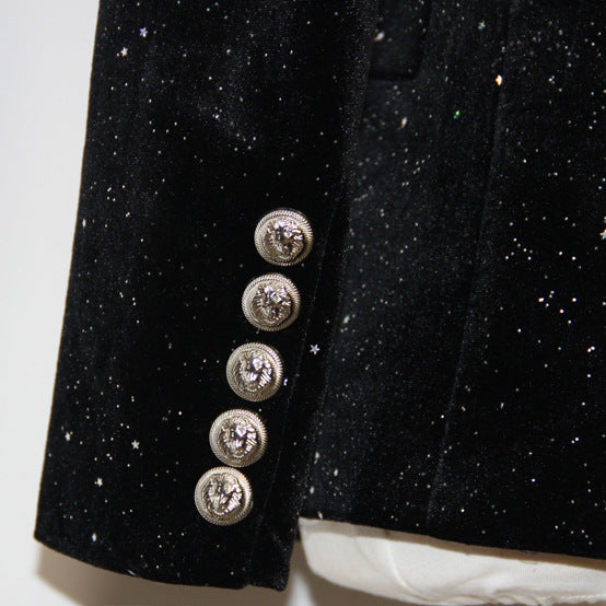 Spring Autumn Blazer  Starry Sequined Silver Buckle Waist Tight Velvet Small Blazer for Women