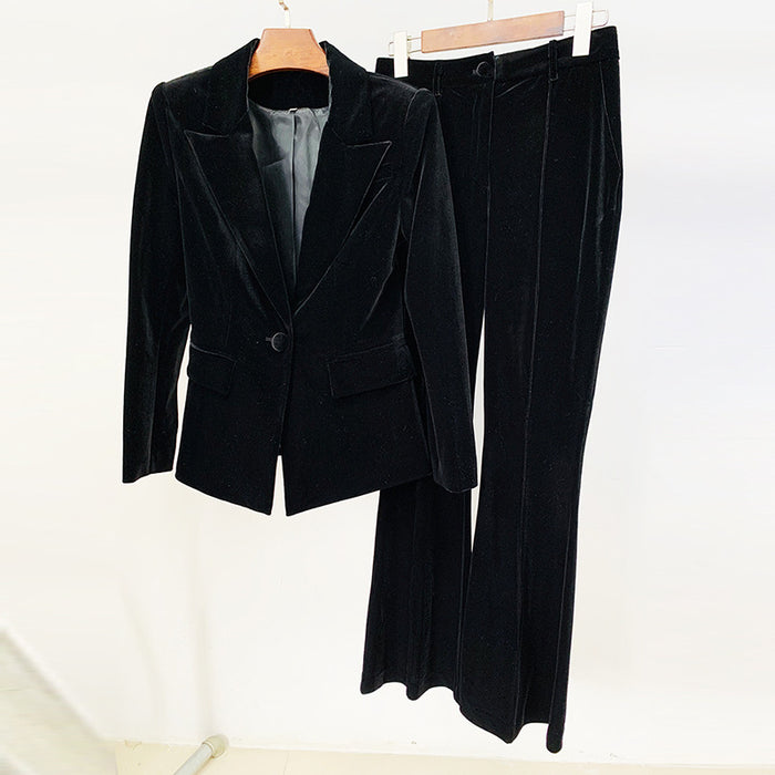 Autumn Winter Women  Business One Button Pleuche Blazer Bell Bottom Pants  Two Piece Set