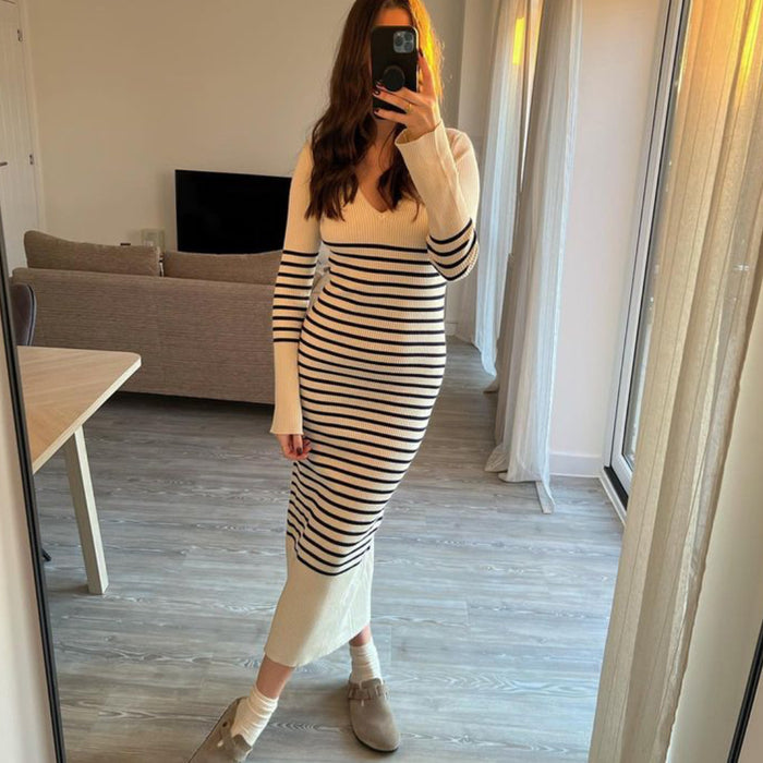 Knitted Dress V Neck Casual Dehaired Angora Covering Yarn Waist Tight Sunken Stripe Slimming Stripes Knitted Dress Women