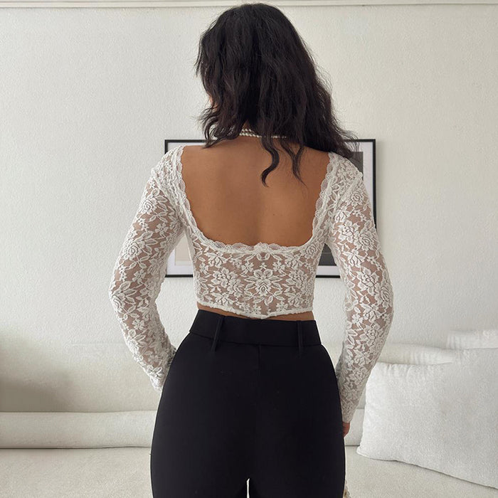 Summer Lace V neck Short T shirt Women Sexy Long Sleeve Backless Slim Fit Top