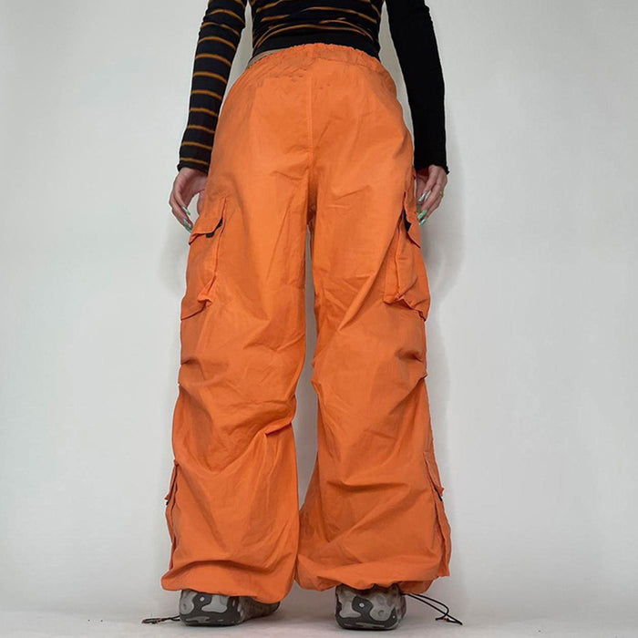 Street Sports Casual Pocket Patchwork Cargo Pants Low Waist Drawstring Ankle Tied Loose Wide Leg Pants