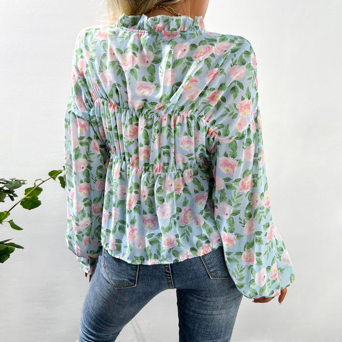 Autumn Winter Wooden Ear Printed Chiffon Shirt Bell Sleeve Floral Top