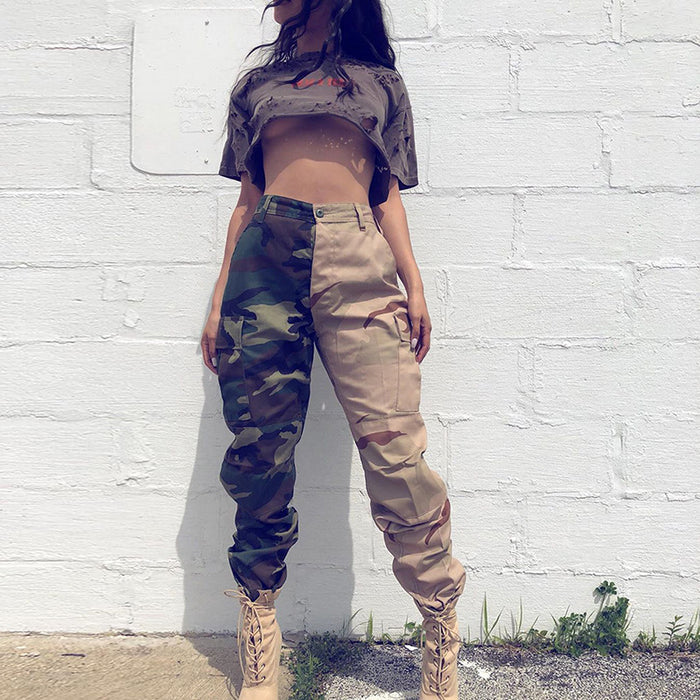 Street Shooting Camouflage Dark Green Pocket Stitching High Waist Wide-Leg Overalls Female