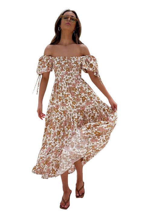 Spring Summer Elegant off-Shoulder Short Sleeve Lace-up Large  Maxi Dress for Women