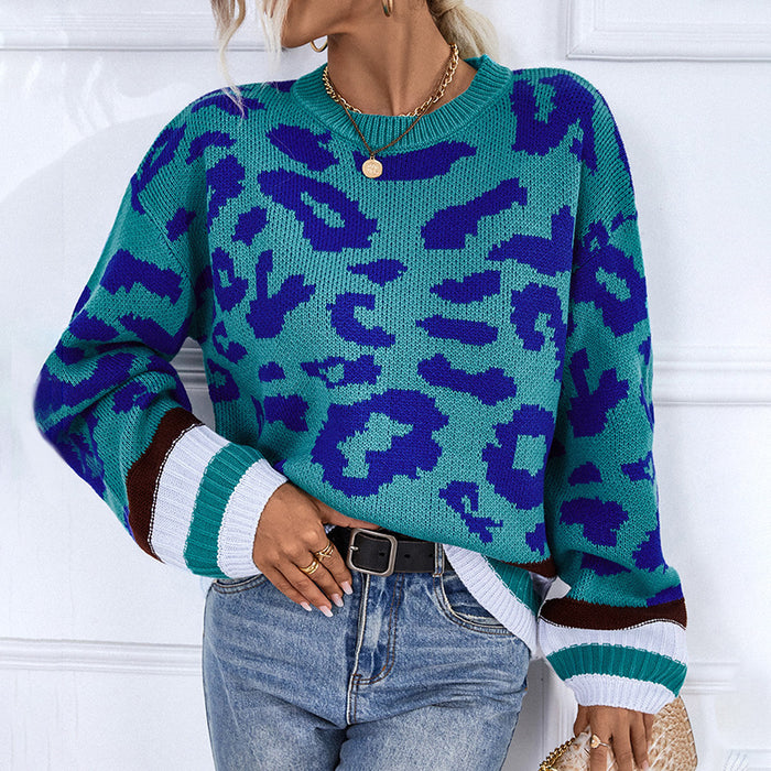 Autumn Winter Round Neck Pullover Sweater Leopard Jacquard Sweater Women