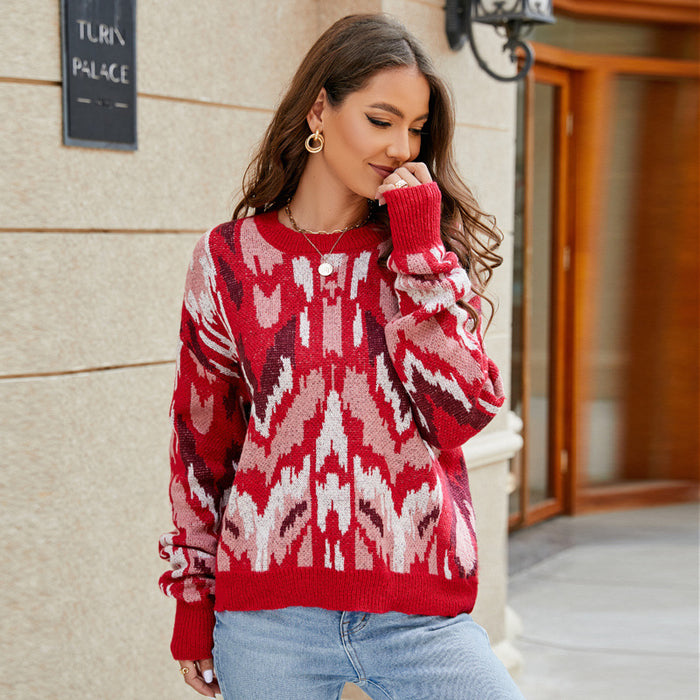 Retro Painted Autumn Winter Pullover Sweater Contrast Color Jacquard Loose Fitting Long Sleeve Sweater for Women