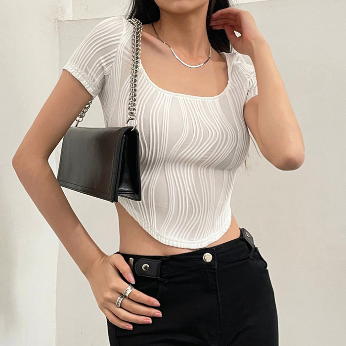 Spring Summer Street Trend U Collar Irregular Asymmetric Stripes Short Sleeve T Shirt Top