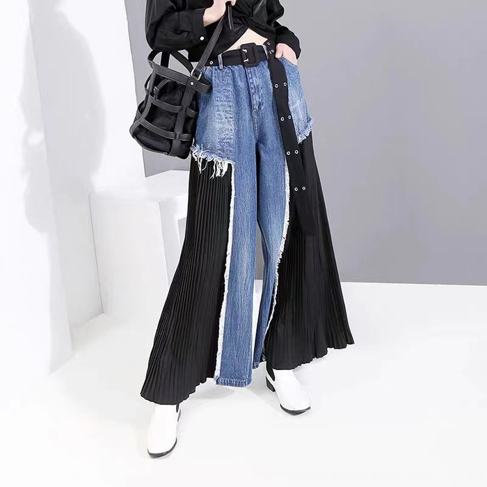 Spring Summer Denim Stitching Pleated Color Matching Loose Wide Leg Jeans Slimming Street Jeans