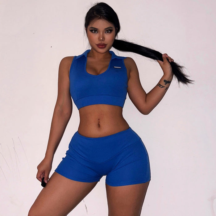 Sports Casual Women Clothing Letter Graphic Shaped Collared Sleeveless Top Cropped Shorts Two Piece Set