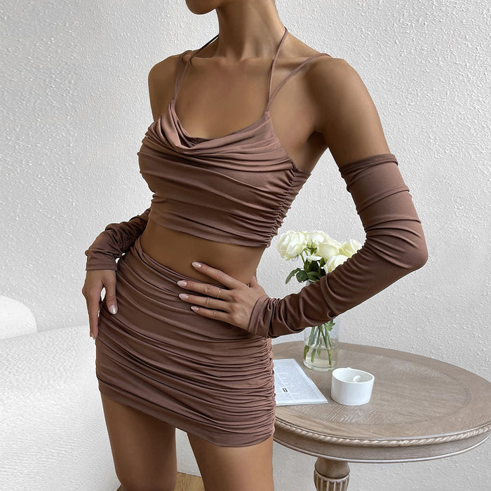 Autumn Winter Long Sleeve Spaghetti Strap Two Piece Set Sexy Halter Cut-out Hip Skirt Set