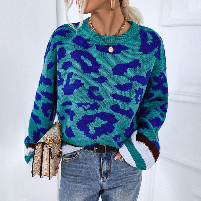 Autumn Winter Round Neck Pullover Sweater Leopard Jacquard Sweater Women