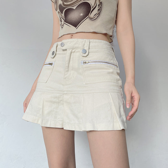 High Waist Slimming Basic Solid Color Denim Pleated Skirt Sexy All Match Stitching Tooling Short Skirt