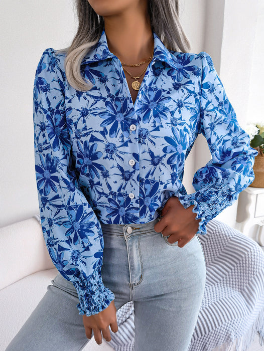 Spring Summer Casual Lantern Sleeve Contrast Color Floral Collared Shirt Women Clothing