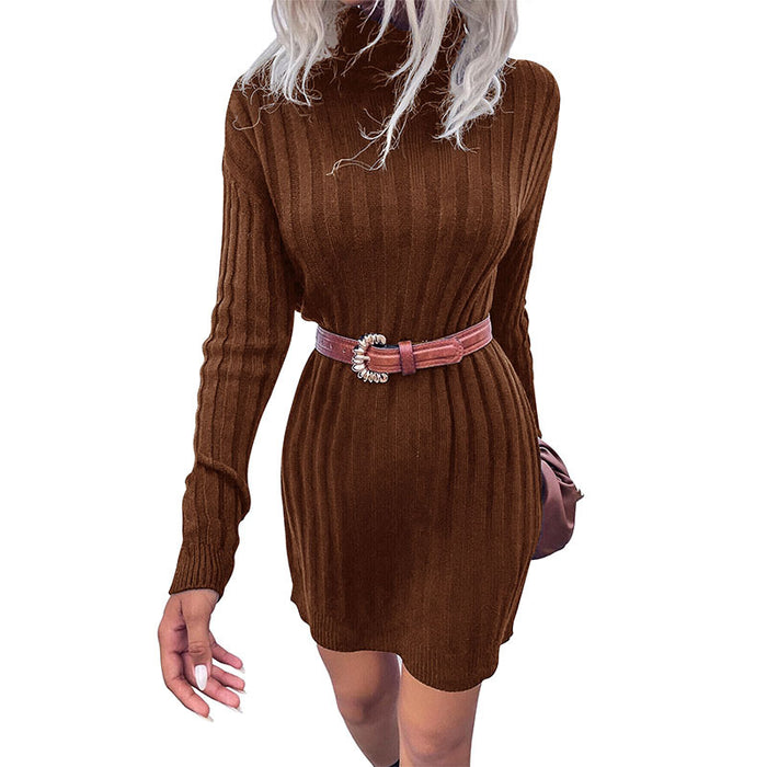 Autumn Winter Women Wear Sunken Stripe Turtleneck Long Sleeve Loose Sweater Dress