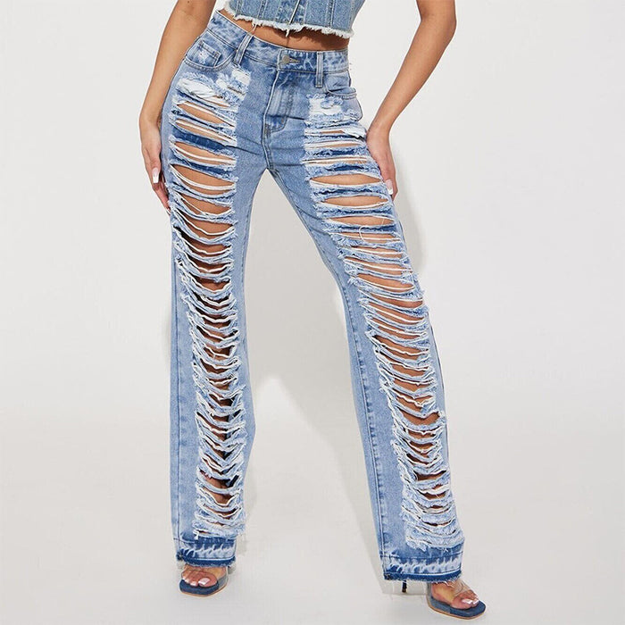 Ripped Slightly Flared Jeans Women High Waist Ripped Casual Trousers Stretchy Burr Jeans