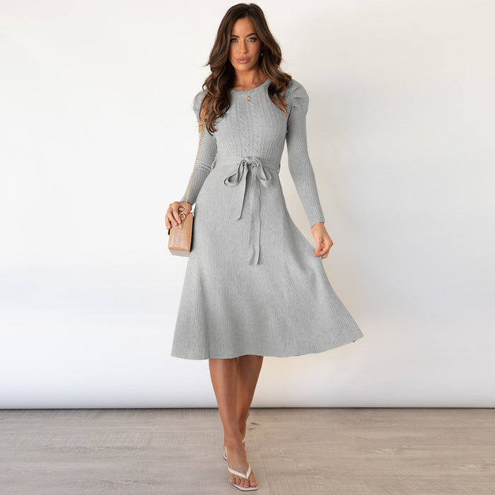 Autumn Winter Bubble Long Sleeve Knitted Dress Mid-Length Elegant Slimming High Waist Big Swing Dress Base Sweater Dress