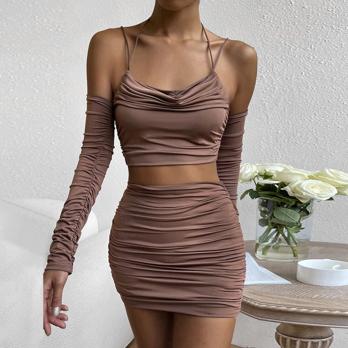 Autumn Winter Long Sleeve Spaghetti Strap Two Piece Set Sexy Halter Cut-out Hip Skirt Set